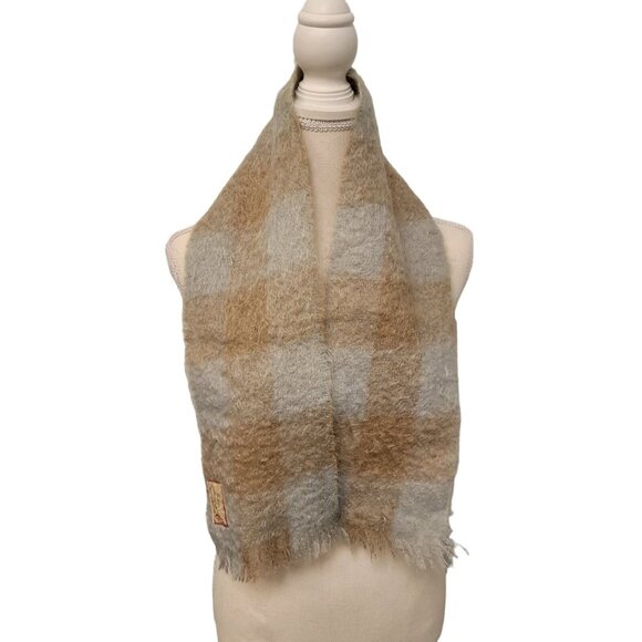 Vintage Mohair Wool Scarf Andrew Stewart Scotland Plaid Pale Blue Tan 7" x 43" - Picture 1 of 3